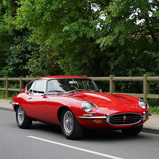 Photograph of a shiny red classic Ferrari sports car driving on a road, surrounded by lush green trees and a wooden fence.