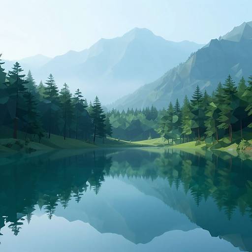 Digital illustration of a serene mountain lake with reflective water, surrounded by dense evergreen trees, and misty mountains in the background.