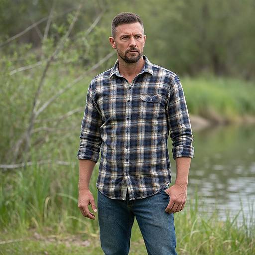 Photograph of a bearded, middle-aged man with short brown hair wearing a blue and white plaid shirt and jeans, standing by a grassy