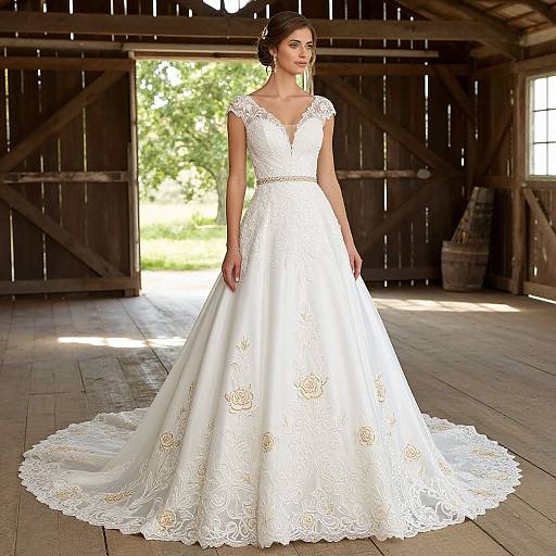 Photograph of a slender woman with fair skin and dark hair in an elegant white lace wedding gown with a deep V-neck and long train, standing in