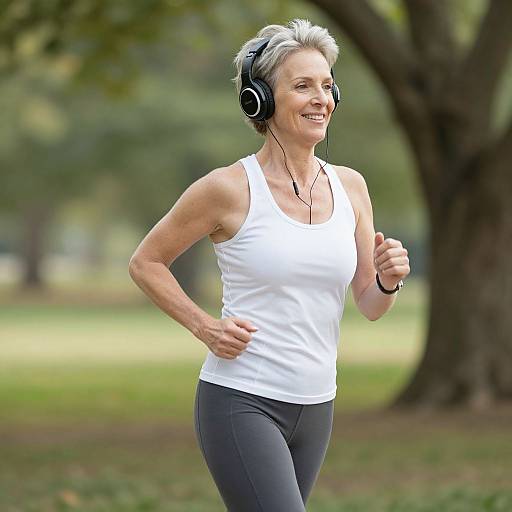 Photograph of a smiling middle-aged woman with short gray hair, wearing black headphones, white tank top, and gray pants, jogging in a green,
