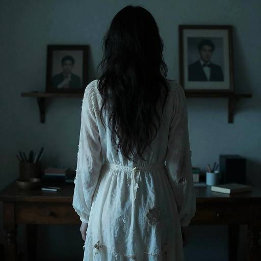 Person in Tattered White Dress in Dim Room