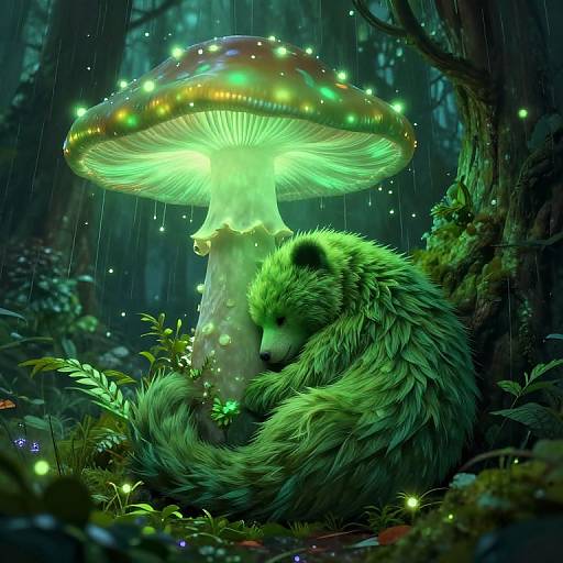 Digital fantasy artwork of a glowing green, furry bear huddled under a bioluminescent mushroom in a dark, enchanted forest.