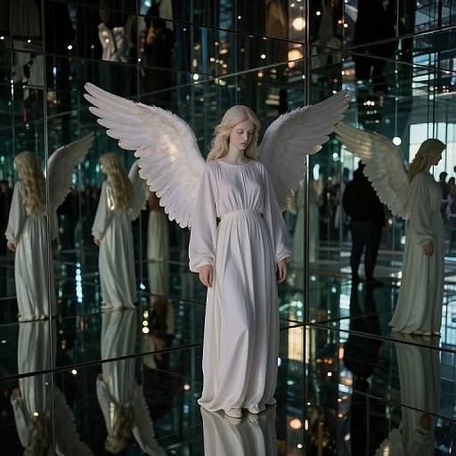 Photograph of a serene, blonde angel with large white wings and a flowing white robe, standing in a reflective, mirrored, darkened room.