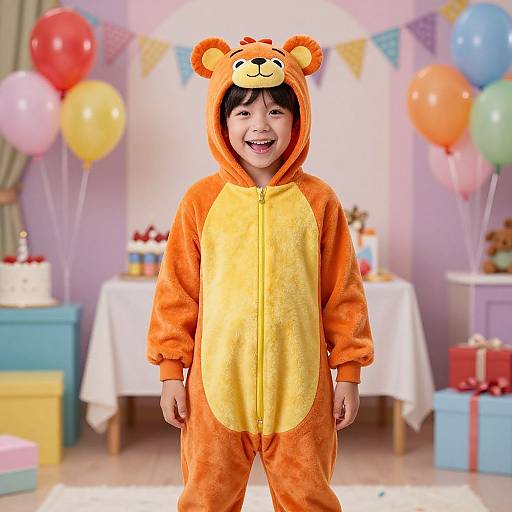 Photograph of a smiling young boy in an orange bear onesie with a yellow front, standing in a colorful birthday room with balloons and decorated tables.