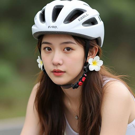Photograph of an Asian woman with long brown hair, wearing a white bike helmet, white tank top, and white flower earrings, focusing intently while