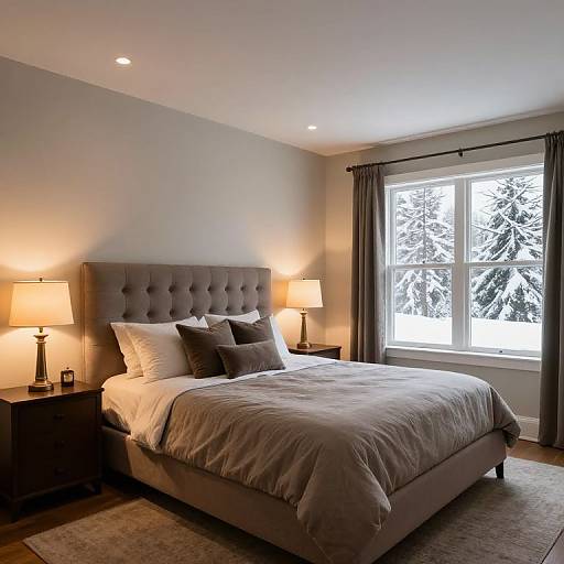 Cozy King-Sized Bedroom with Snowy View