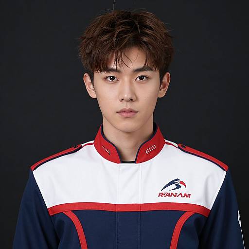 Photograph of an Asian male with short brown hair, wearing a white and red Reunauz sports jacket, against a black background.