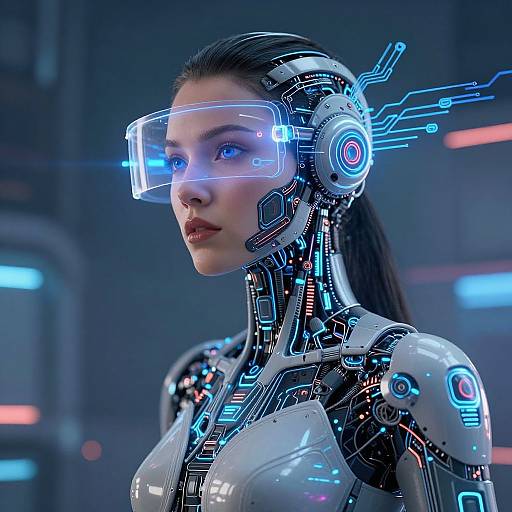 Photorealistic CGI of a cybernetic woman with glowing blue visor, intricate robotic features, and neon accents in a futuristic lab.