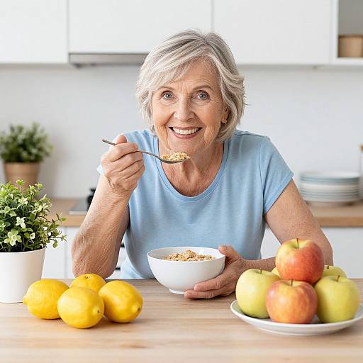 Photograph of an elderly woman with short gray hair, smiling, eating oatmeal, wearing a light blue shirt, surrounded by fruit and lemons on