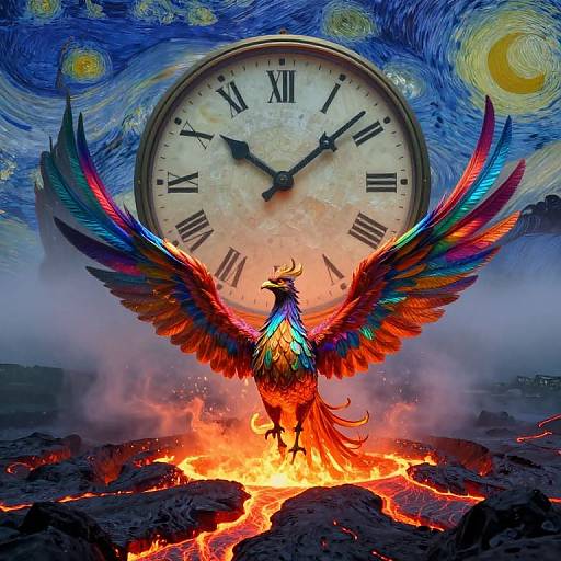 Digital artwork of a vibrant, multicolored phoenix with wings spread wide, standing on fiery lava, against a large clock and swirling sky background.