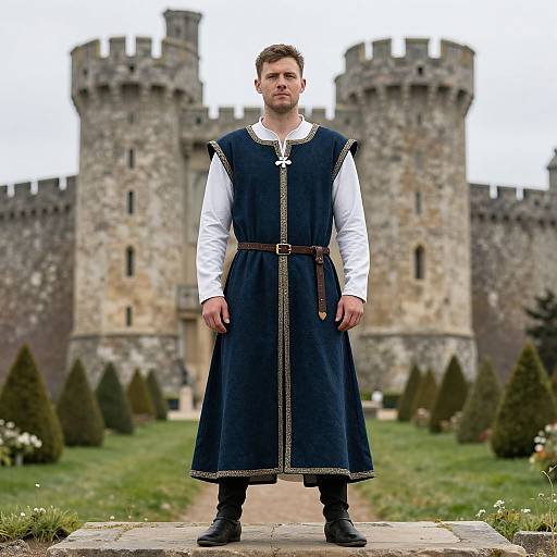 Photograph of a Caucasian man in medieval attire, standing before a stone castle. He wears a navy dress, white shirt, brown belt, and black