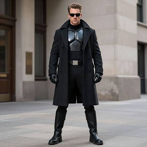 Photograph of a tall, handsome man in black leather outfit, long coat, gloves, sunglasses, standing confidently in urban street.