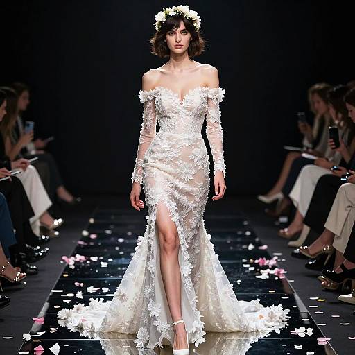 Photograph of a model in a white, off-shoulder, floral lace dress with a thigh-high slit, wearing a flower crown, walking a