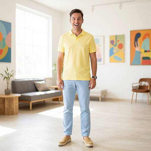 Photograph of a smiling man with short brown hair, wearing a yellow polo shirt, light blue pants, and beige shoes, standing in a brightly lit