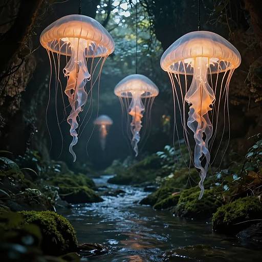 Surreal Umbrella Glow Over Subterranean River