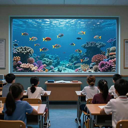 Photograph of a classroom with five students, seen from behind, seated at desks in front of a large aquarium displaying colorful coral reefs and various fish,