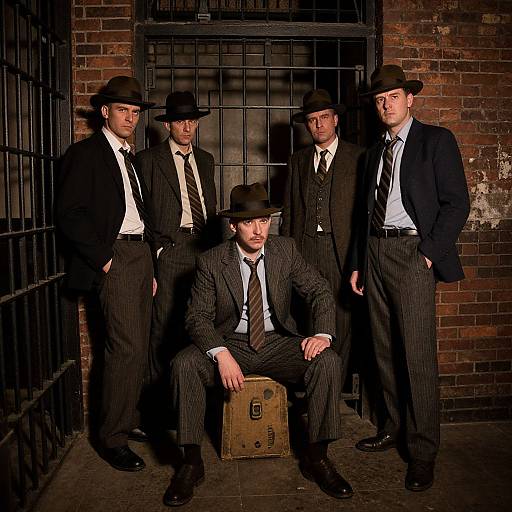 Photograph of five men in dark pinstripe suits, white shirts, black ties, and hats, standing and sitting in front of a brick-w