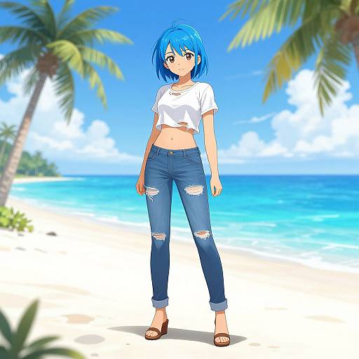 Anime-style digital drawing of a blue-haired girl with large eyes, wearing a white crop top and ripped blue jeans, standing on a sunny beach with palm