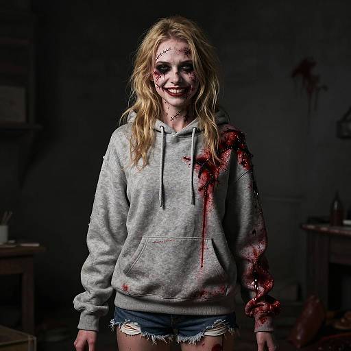 Photograph of a smiling blonde woman with blood on her face and gray hoodie, standing in a dark room, wearing distressed denim shorts.