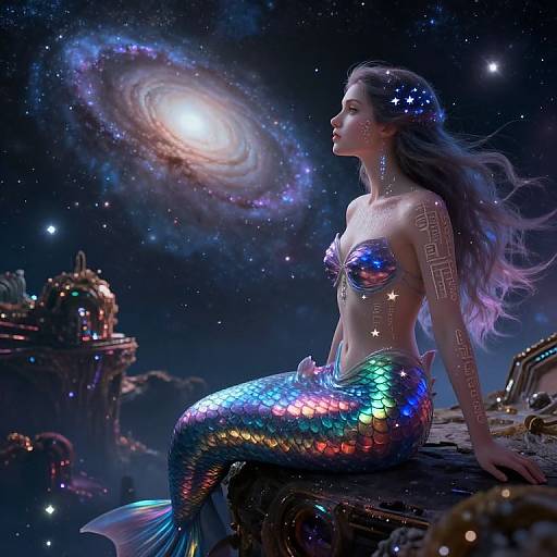 Digital art of a shimmering mermaid with iridescent scales and star tattoos, sitting on a cosmic rock, gazing at a glowing galaxy,