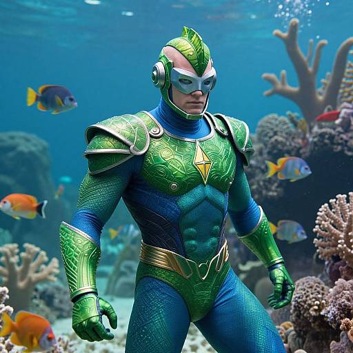 Photorealistic CGI of Green Lantern superhero in vibrant green armor with gold accents, blue bodysuit, and mask, swimming underwater amidst colorful coral and