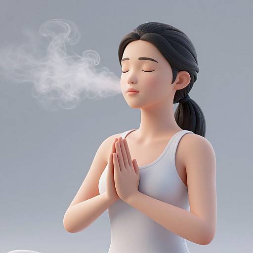 Digital illustration of a young Asian woman with black hair in a ponytail, wearing a white tank top, praying with hands together, eyes closed, and