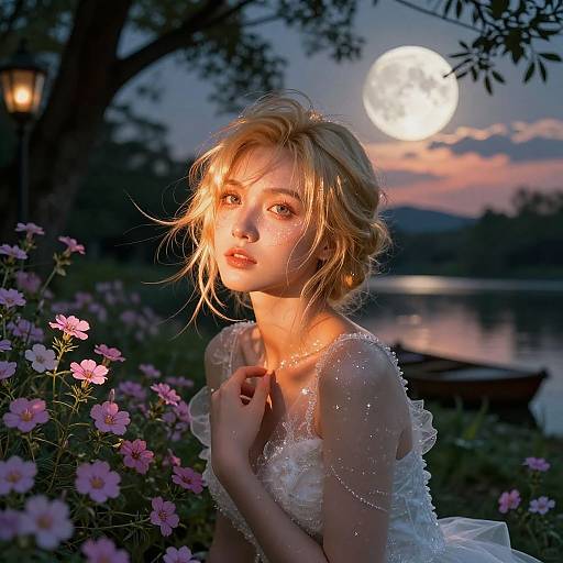 Photograph-style digital art of a blonde woman with glowing hair in a white, sparkly dress, standing by a moonlit lake, surrounded by pink