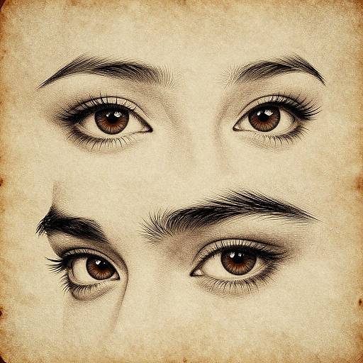 Close-up digital drawing of two pairs of expressive, brown eyes with detailed eyebrows, set against a textured, sepia-toned background.
