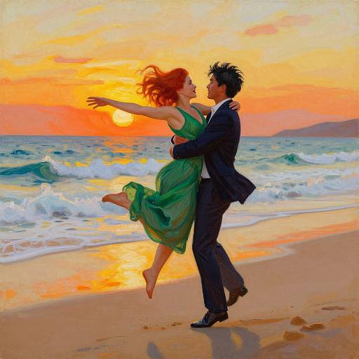 Digital painting of a red-haired woman in a green dress and a black-haired man in a suit dancing on a sunset beach, with waves and a colorful