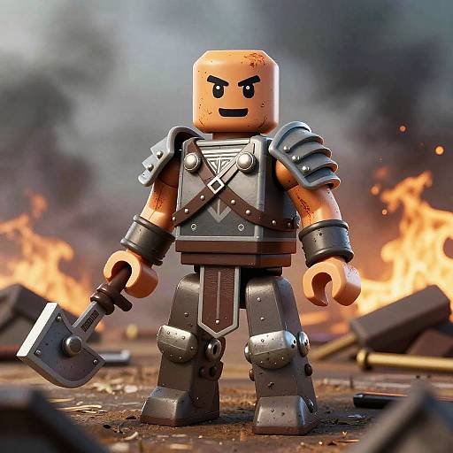 Photograph of a LEGO minifigure warrior with orange skin, black armor, and a battle axe, standing amidst a fiery battlefield.