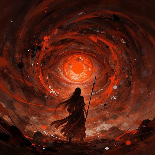 Digital artwork of a silhouetted figure with flowing hair, holding a staff, standing before a swirling, intense red and black vortex with a glowing