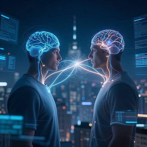 Digital artwork of two glowing, blue and white brain-connected men in a cityscape, facing each other with a bright neural link.