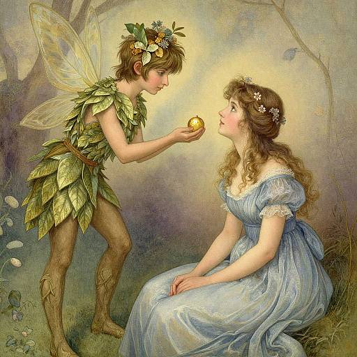 Illustration of a fairy with green leafy clothes and wings offering a glowing apple to a seated woman in a blue dress, set in a mystical forest
