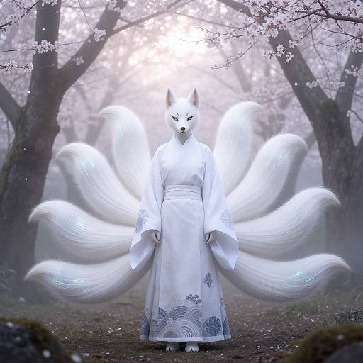 Digital art of a white fox with nine fluffy tails, wearing a white kimono with blue floral patterns, standing in a misty cherry blossom forest.