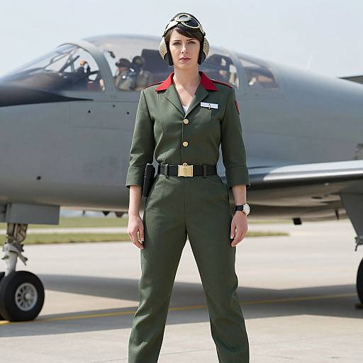 Photograph of a confident woman in a green military flight suit with red collar, black headgear, standing in front of a grey military jet on a