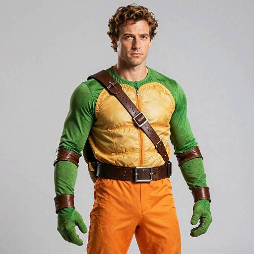 Photograph of a muscular man with curly brown hair, wearing a green and yellow superhero shirt, orange pants, green gloves, brown straps, and leather