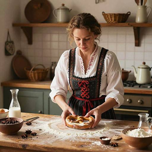 German Woman Baking Pretzels Vintage Kitchen