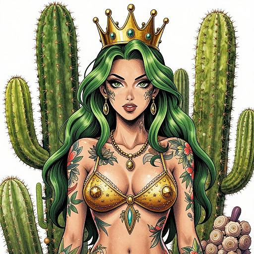 Digital comic-style illustration of a green-haired woman with a gold crown, wearing a gold bikini top, adorned with tattoos, and surrounded by cacti