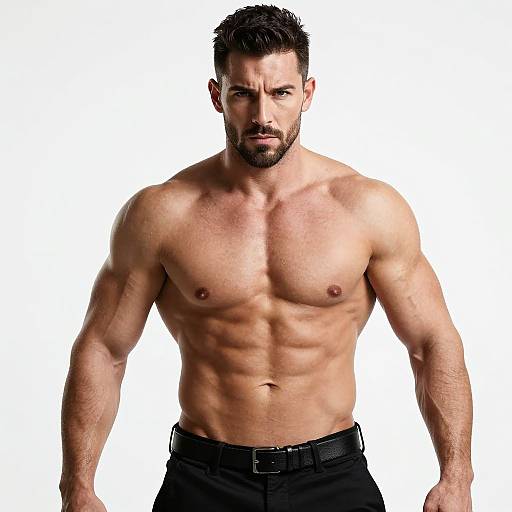 Photograph of a muscular, shirtless man with short dark hair, trimmed beard, and intense expression, wearing black pants, against a white background.