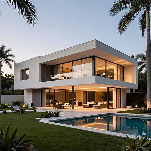 Photograph of a modern, two-story white house with large glass windows, illuminated from inside, pool in the foreground, surrounded by palm trees at dusk