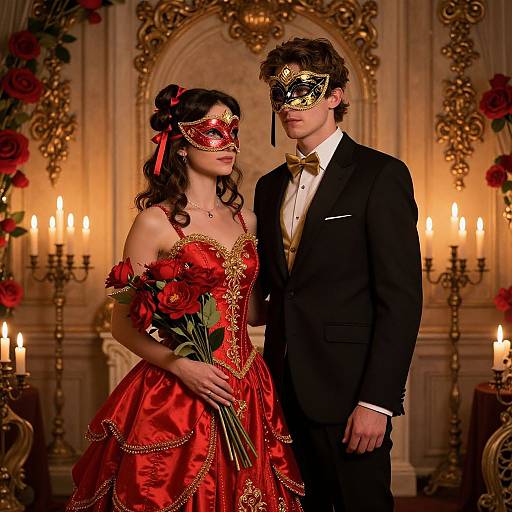 Photograph of a romantic masquerade scene: woman in red, gold-embroidered dress holding roses, man in black tux, gold