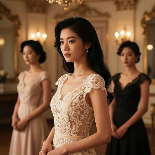 Photograph of three Asian women in elegant dresses; foreground woman in lace white gown, background women in beige and black dresses, ornate room with warm