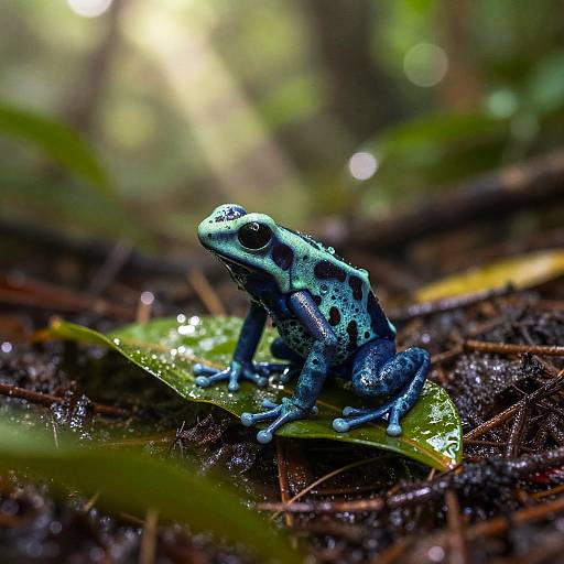 Photograph of a vibrant blue-green frog with black spots, perched on a wet, glistening leaf in a sunlit forest floor.