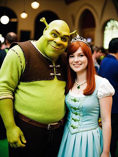 Couple in Shrek and Fiona Cosplay Costumes