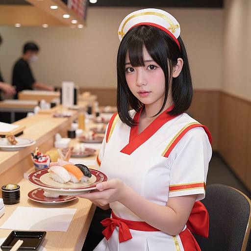 Japanese Waitress in Traditional Kimono