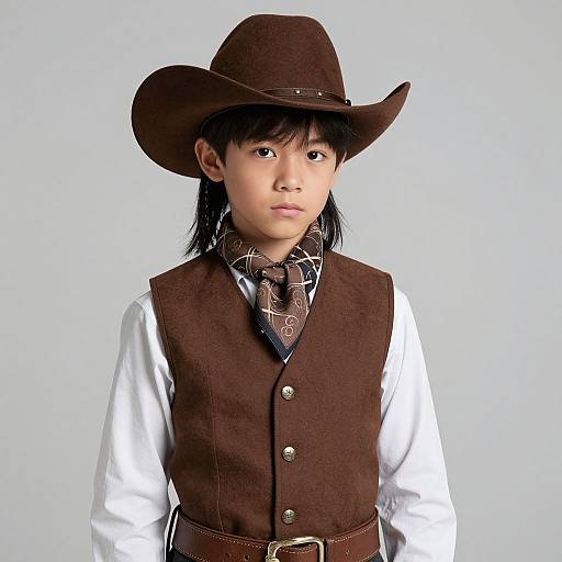 Photograph of an Asian boy with black hair, wearing a brown cowboy hat, white shirt, brown vest, and patterned bandana.