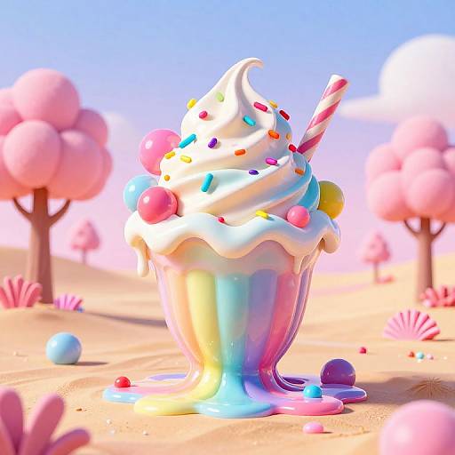 Digital cartoon of a colorful, swirled ice cream sundae with multicolored sprinkles, a striped straw, and surrounded by pink trees in