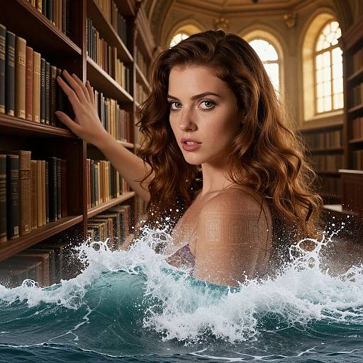 Photorealistic digital art: Brunette woman with wavy hair, topless, emerging from ocean waves in a dimly lit, ornate library