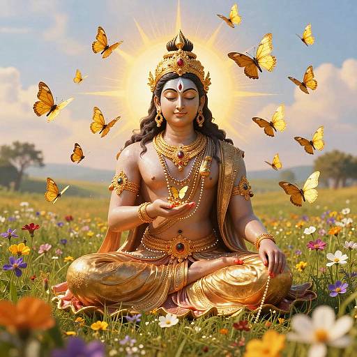 Photograph of a golden-hued, serene Hindu deity with black hair, adorned in ornate jewelry, seated in a colorful meadow, surrounded by
